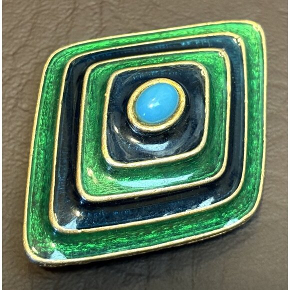 Vintage FLORENZA Blue & Green Enamel Gold Tone Brooch Geometric Modernist - Picture 2 of 8